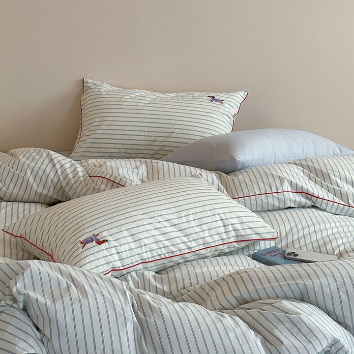 Striped Cotton Percale Duvet Cover Set with Piped Edge and Embroidered Motif