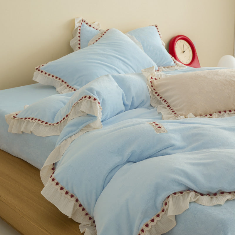 Plush Ruffled Pom-Pom Trim Duvet Cover Set