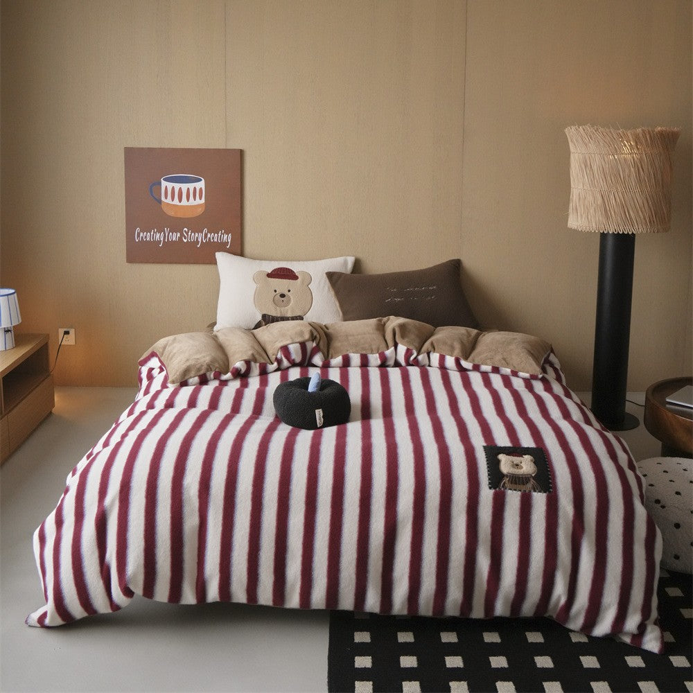 Fluffy reversible bedding set with polka dot design and plush applications