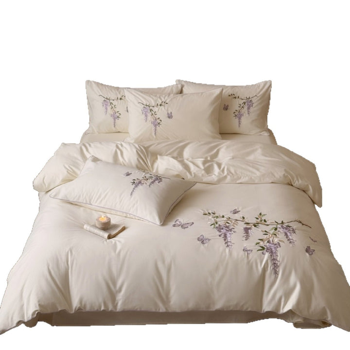 Luxurious satin bedding set with floral embroidery