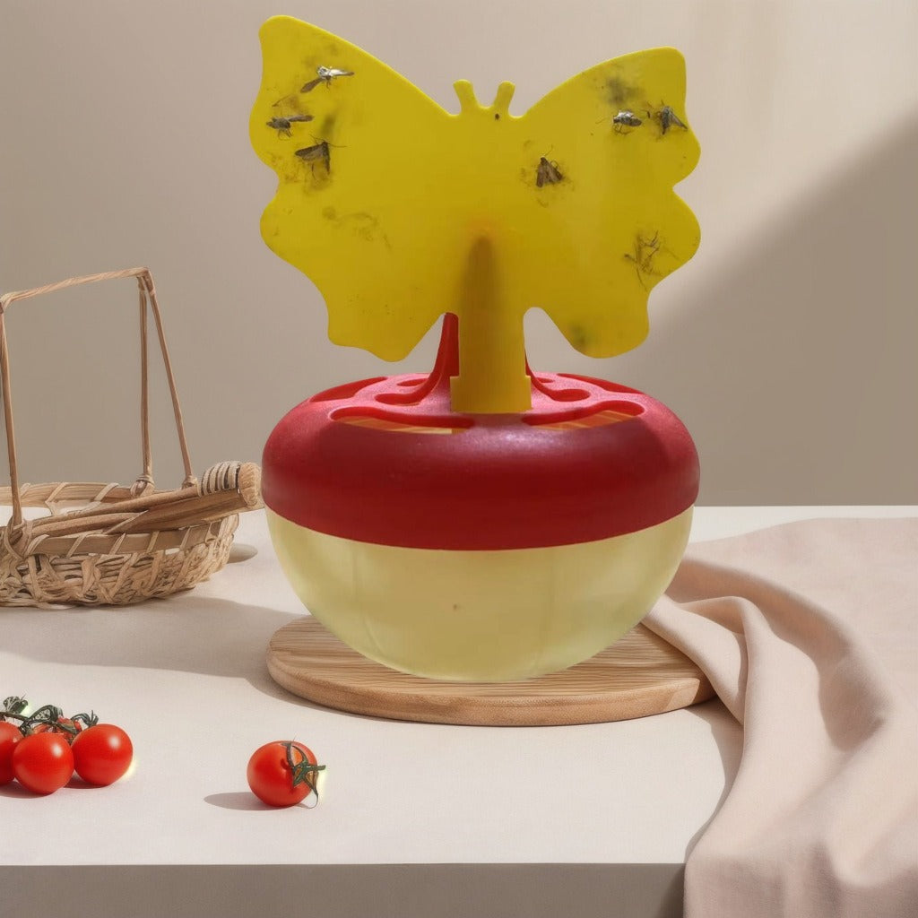 Butterfly-shaped sticky insect trap with refillable liquid reservoir and reusable base Stornfield