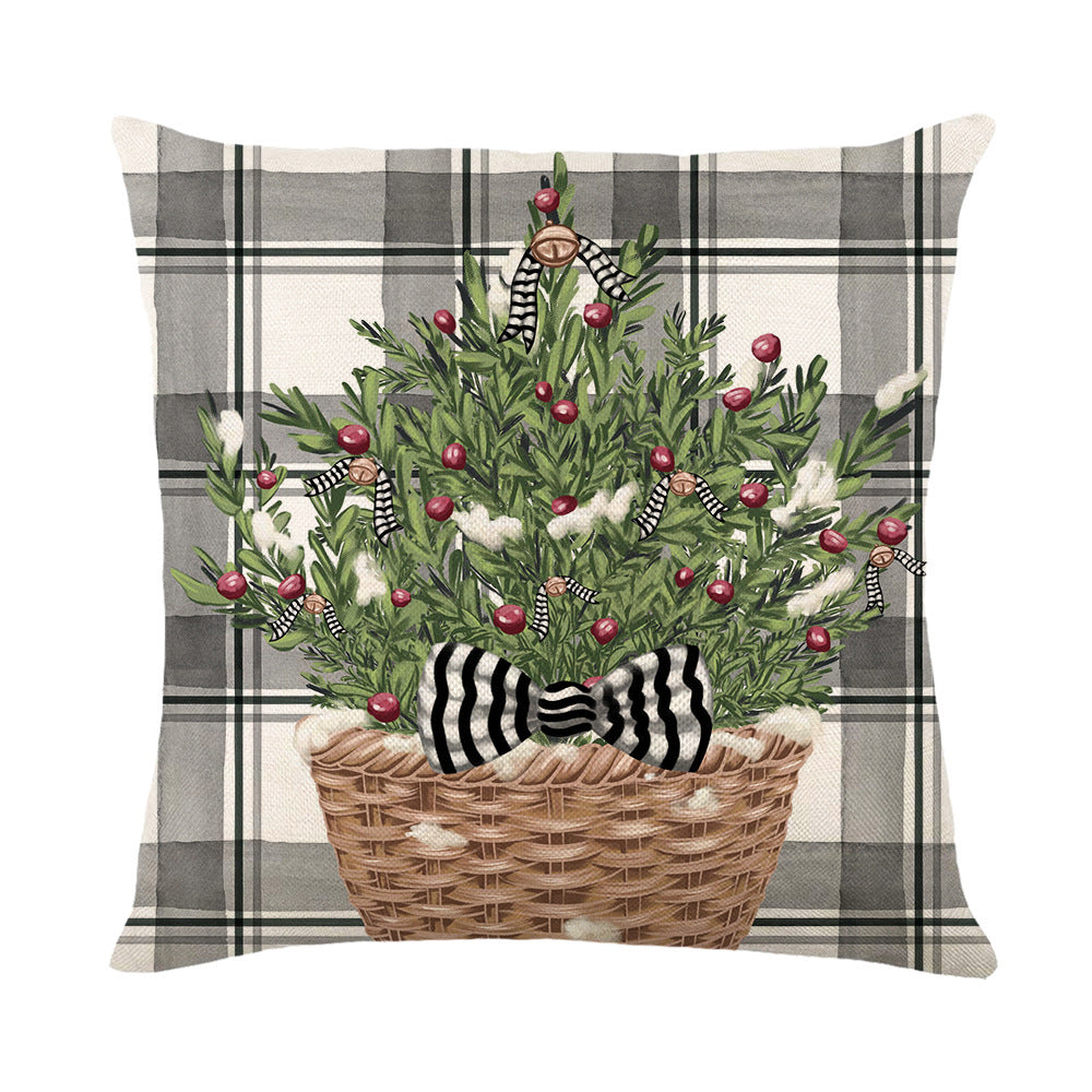 Decorative Plaid Basket Holiday Throw Pillow Cover with Botanical Cedar Sprigs and Striped Bow Accent