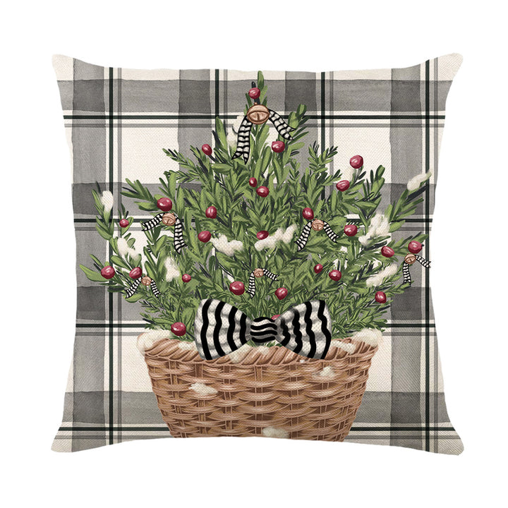 Decorative Plaid Basket Holiday Throw Pillow Cover with Botanical Cedar Sprigs and Striped Bow Accent