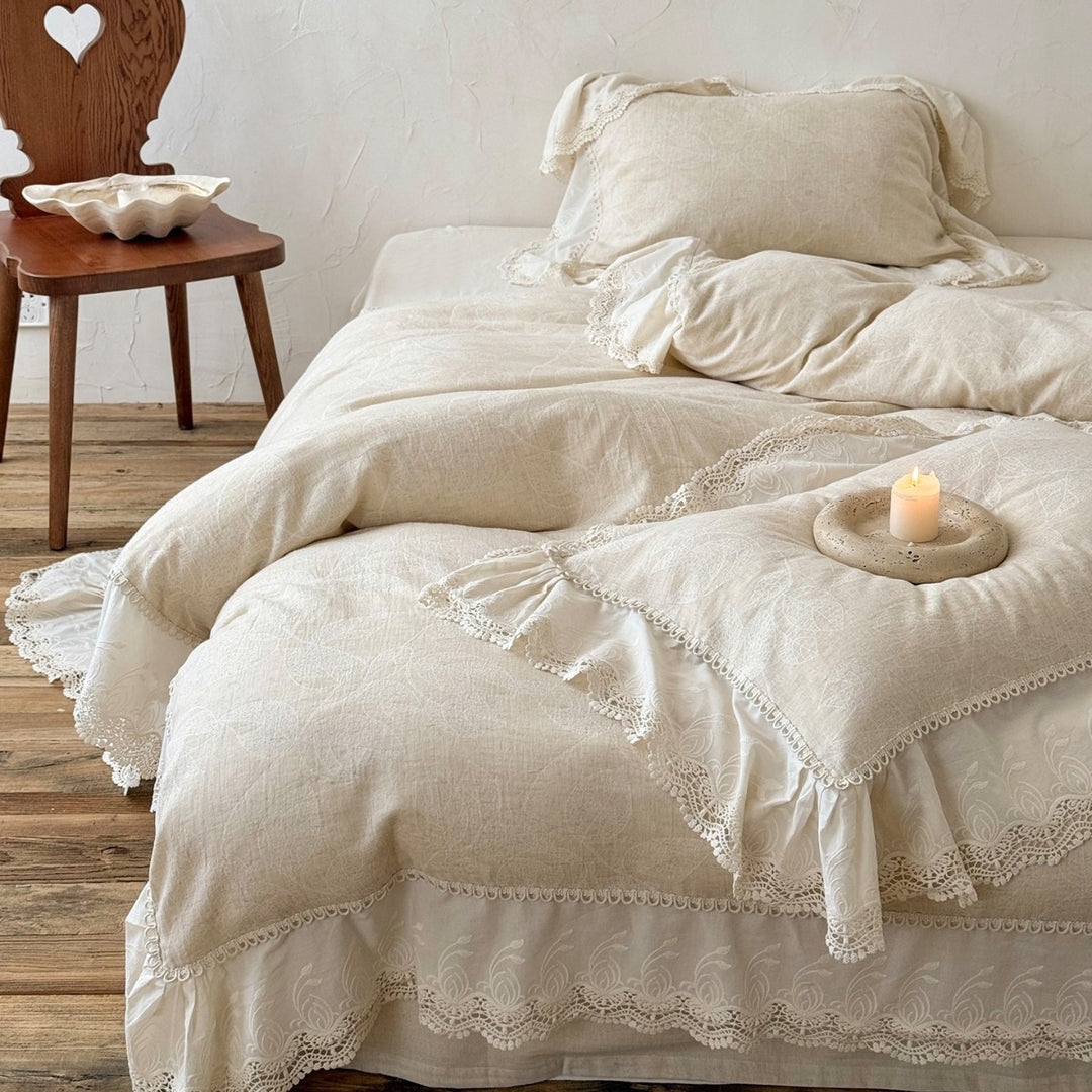 Linen-Feel Leaf-Print Duvet Cover Set with Embroidered Lace Flounce & Deep-Pocket Bedskirt