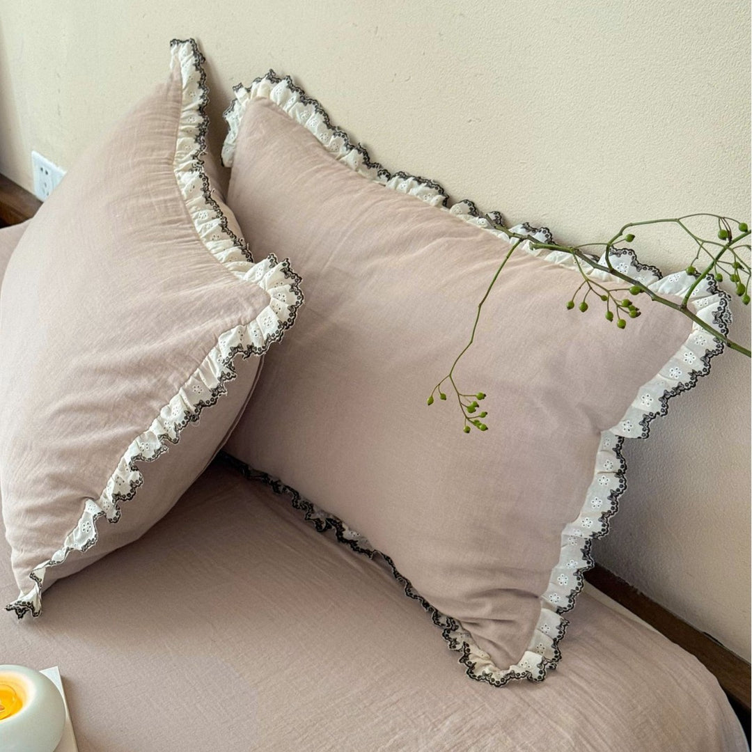 Ruffled Lace-Trim Washed Cotton Duvet Cover Set with Pillow Shams