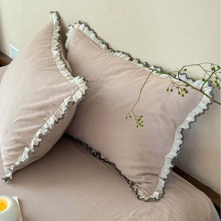 Ruffled Lace-Trim Washed Cotton Duvet Cover Set with Pillow Shams