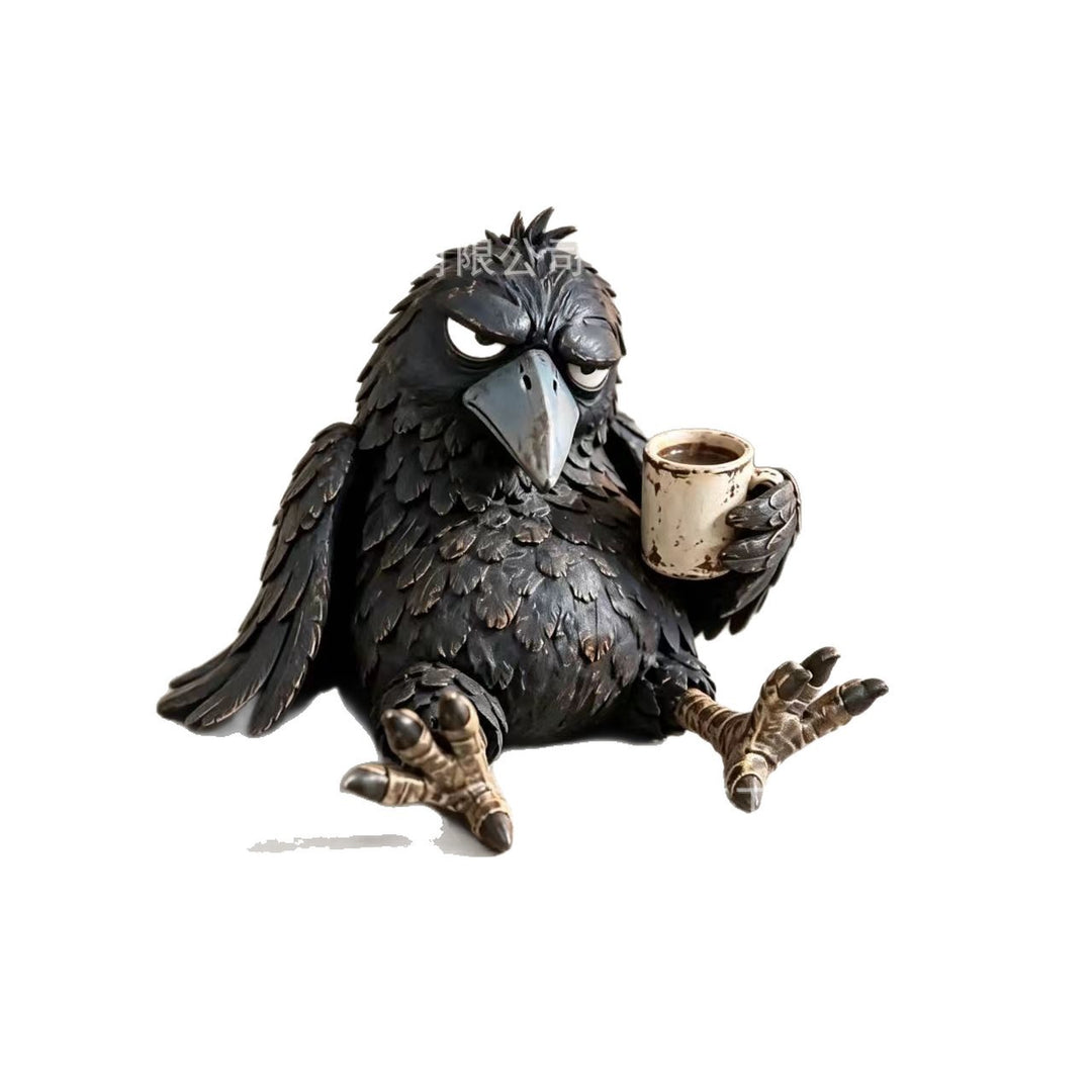 Quirky Raven Sculpture with Coffee Cup Stornfield