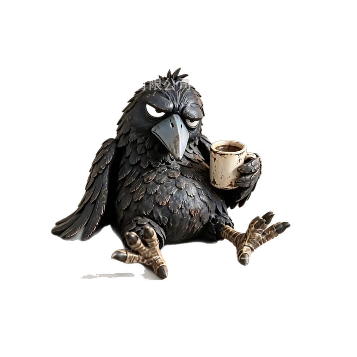 Quirky Raven Sculpture with Coffee Cup Stornfield
