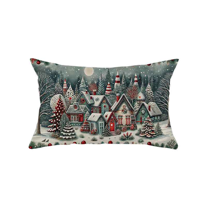 Festive Cotton-Linen Christmas Decorative Rectangular Pillow Cover with Santa Illustration and Hidden Zipper