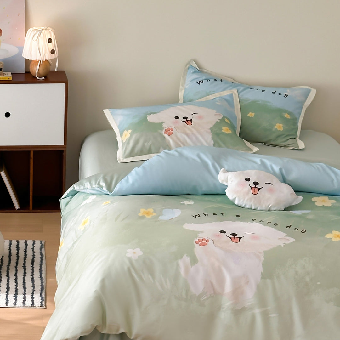 Cartoon Puppy Printed Cotton Sateen Duvet Cover and Pillowcase Set with Piped Edge