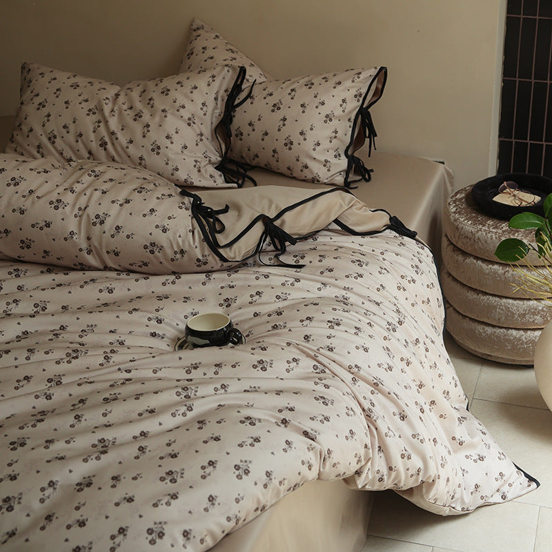 Reversible Cotton Sateen Duvet Cover Set with Mini Floral Print and Ribbon-Tie Pillow Shams