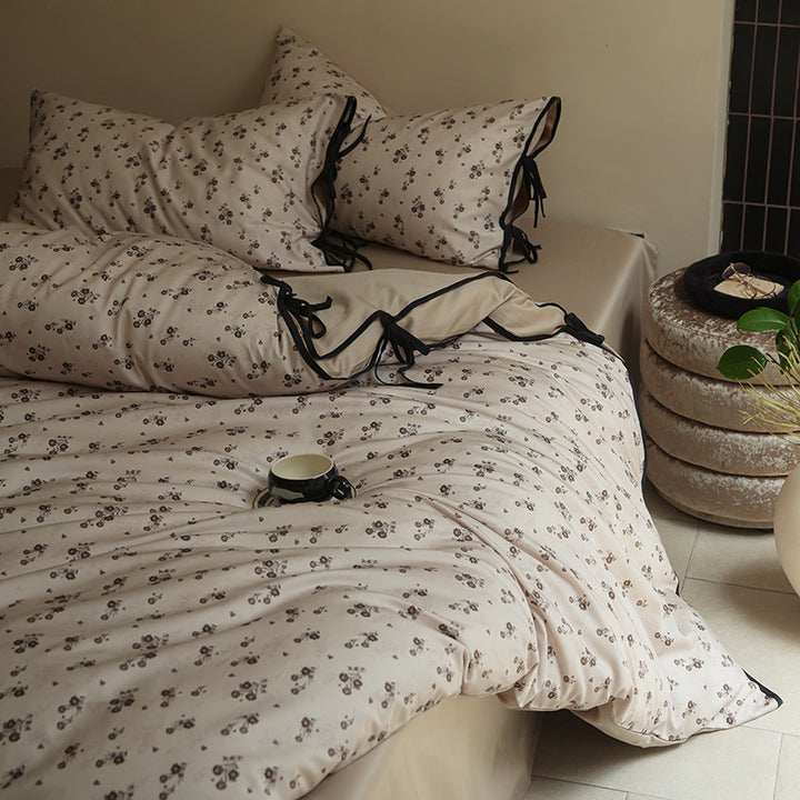 Reversible Cotton Sateen Duvet Cover Set with Mini Floral Print and Ribbon-Tie Pillow Shams