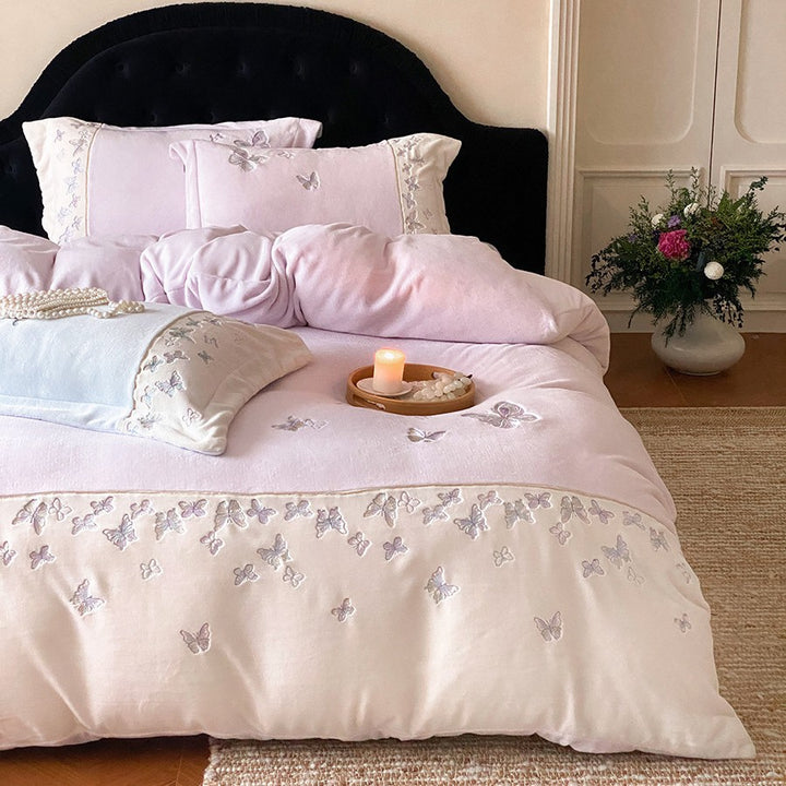 Embroidered Butterfly Cotton Sateen Duvet Cover Set with Pillow Shams