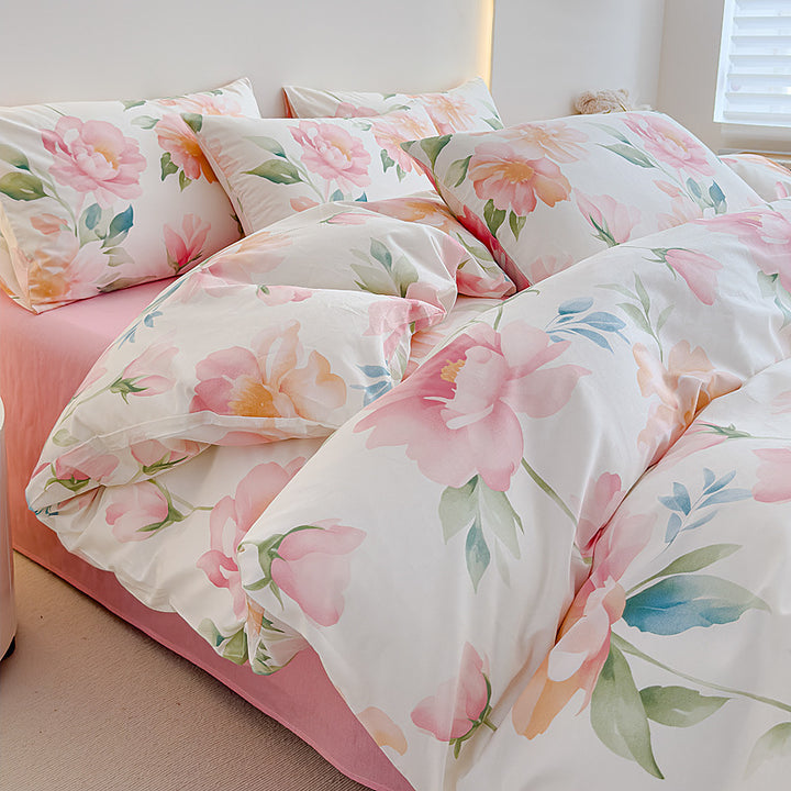 Rose-Print Cotton Sateen Duvet Cover Ensemble with Hypoallergenic Down-Alternative Comforter