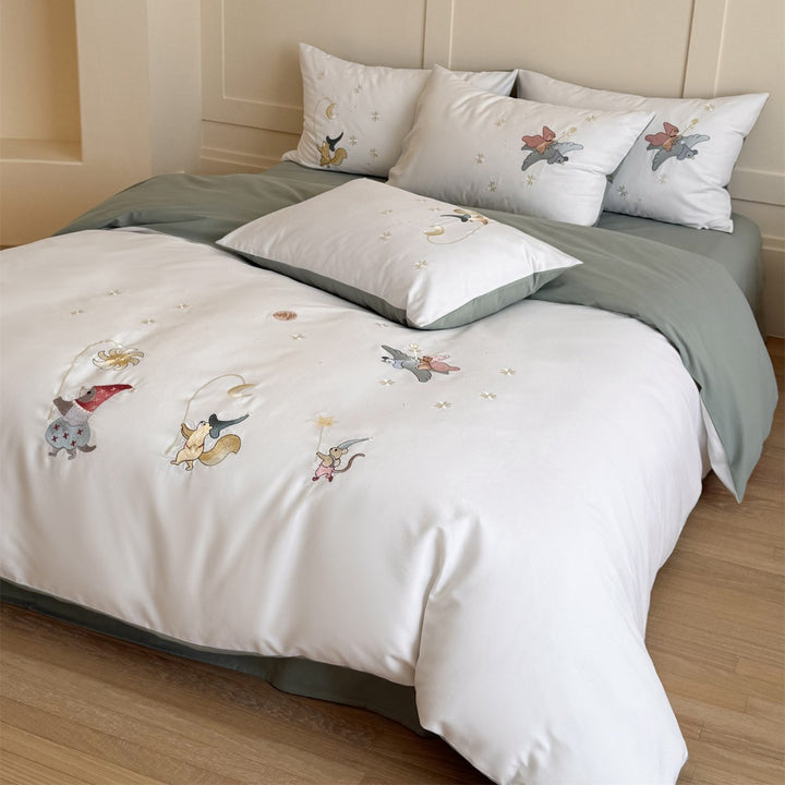 Kids Storybook Embroidered Duvet Cover Set with Percale Cotton and Corner Ties