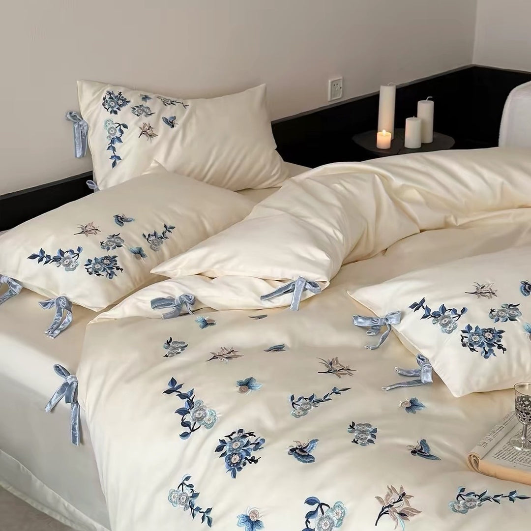 Embroidered Floral Cotton Sateen Duvet Cover Set with Velvet Tie Closures