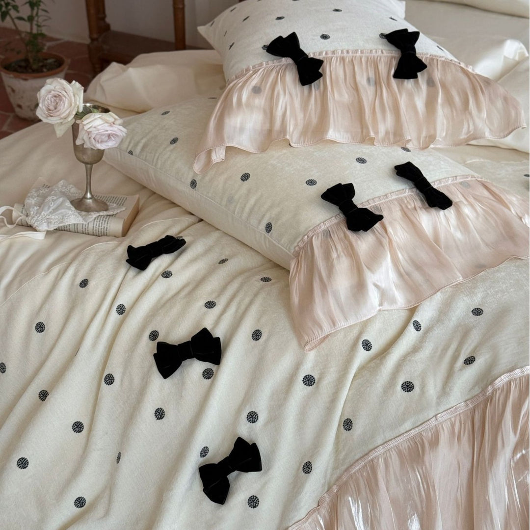 Silky Ruffled Polka Dot Duvet Cover Set with Velvet Bow Accents