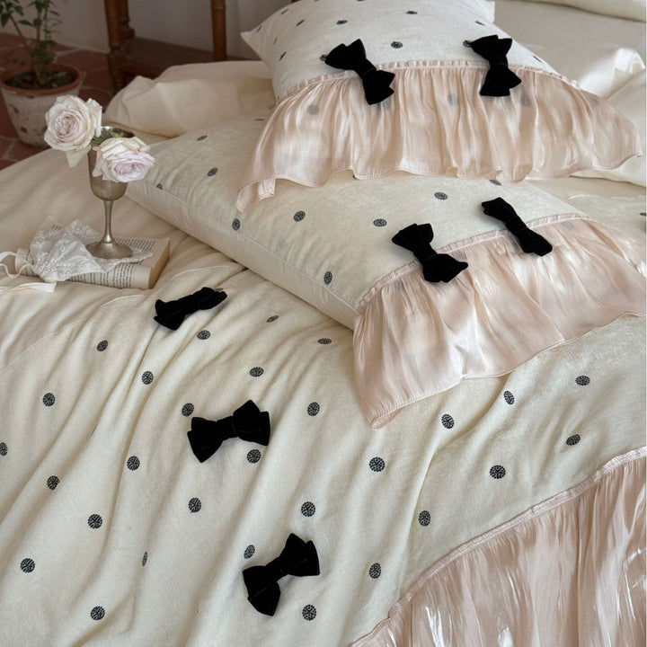 Silky Ruffled Polka Dot Duvet Cover Set with Velvet Bow Accents