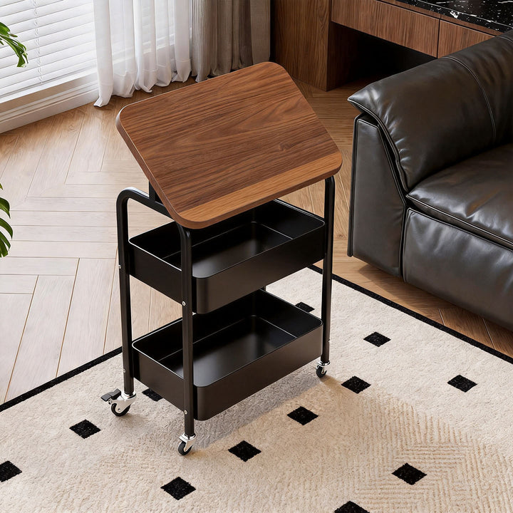 Narrow Rolling Utility Trolley with Walnut Top and Dual Deep Metal Bins