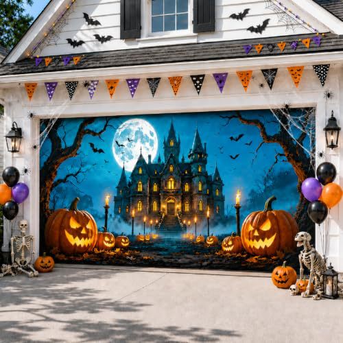 Large-format Halloween photo background made of weatherproof polyester with grommeted fastening edge and bright Haunted House motif