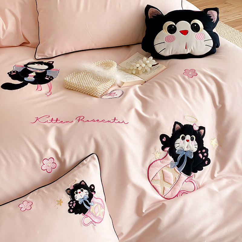 Embroidered Kitten Cotton-Sateen Duvet Cover Set with Pillow Shams