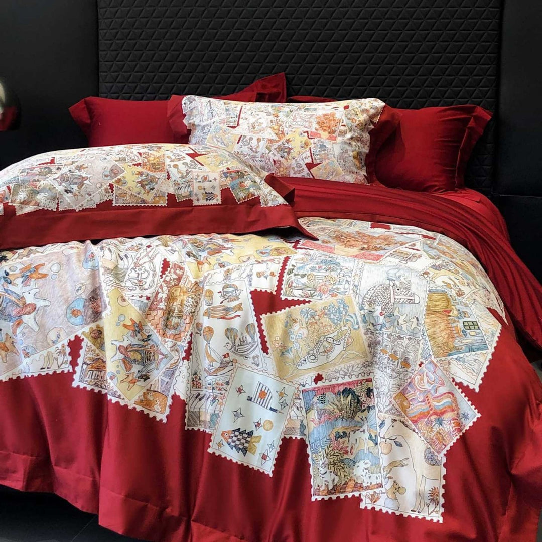 Luxurious cotton satin bed linen set with fine floral ornamentation and decorative pillowcase