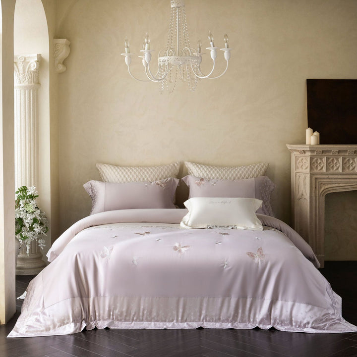 Luxury Satin-Feel Embroidered Lace-Trim Bedding Duvet Comforter Set