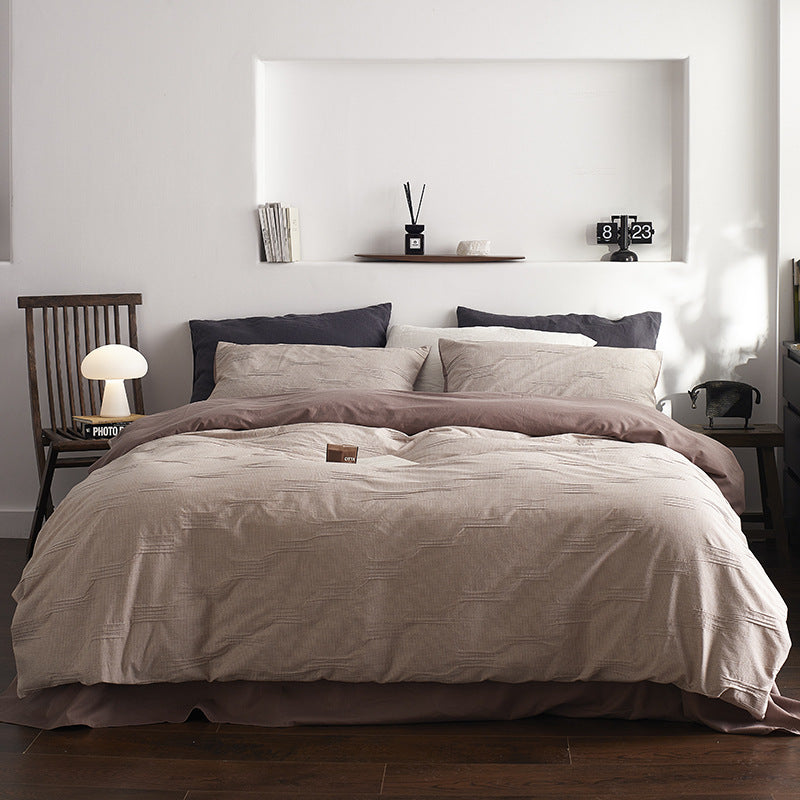 Quilted Cotton-Linen Striped Duvet Cover Set with Reversible Sateen Backing