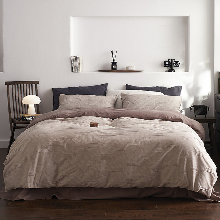 Quilted Cotton-Linen Striped Duvet Cover Set with Reversible Sateen Backing