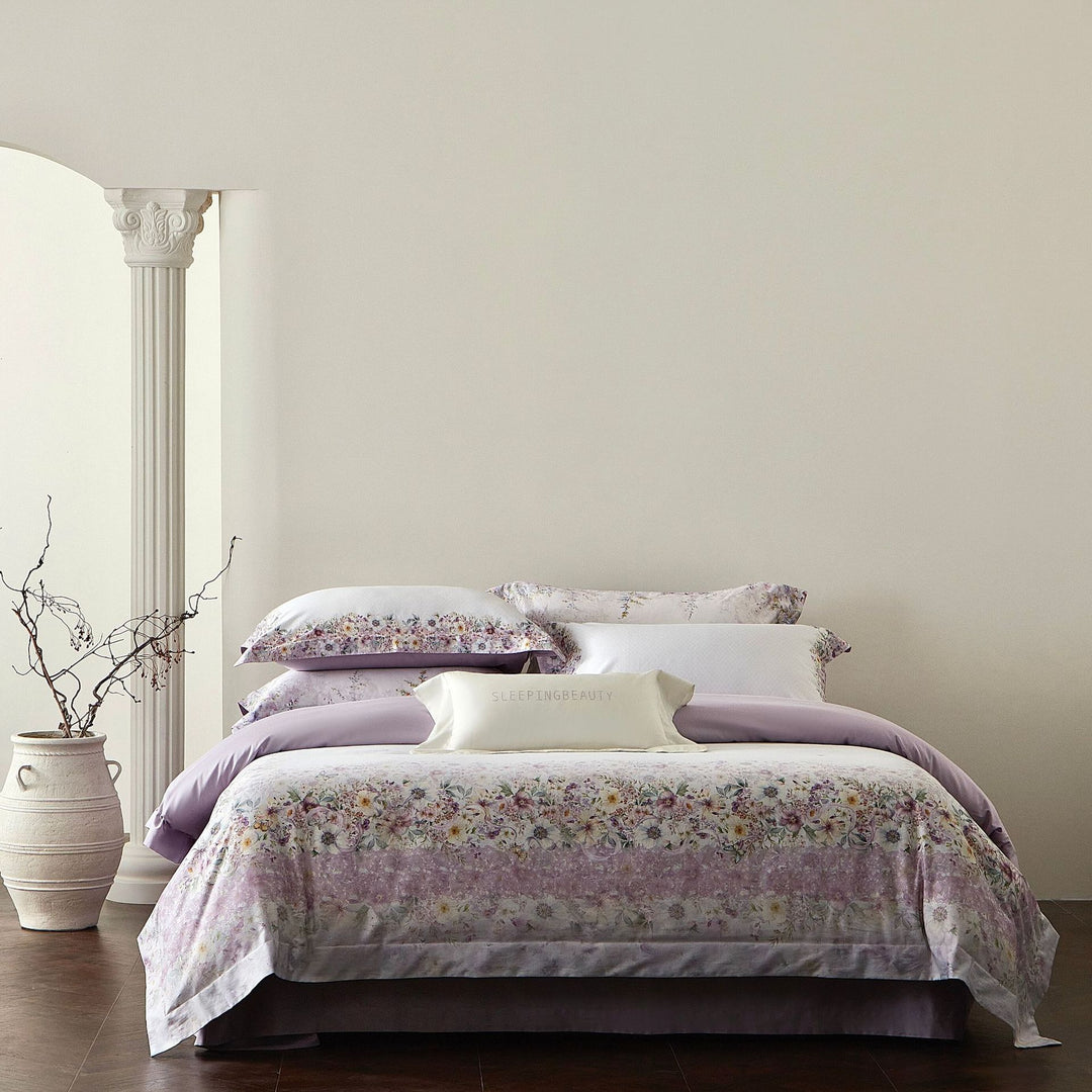 Luxury Floral Cotton Sateen Duvet Cover Set with Contrast Hem and Pillow Shams