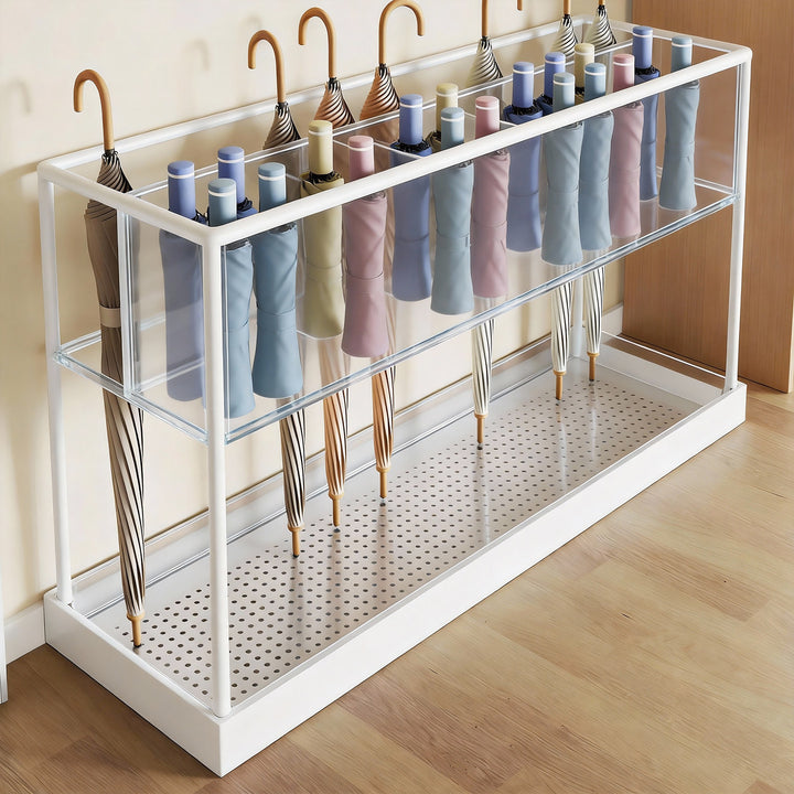 Two-Tier Clear Acrylic Multi-Slot Umbrella Organizer Stand with Perforated Drip Tray and Powder-Coated Metal Frame