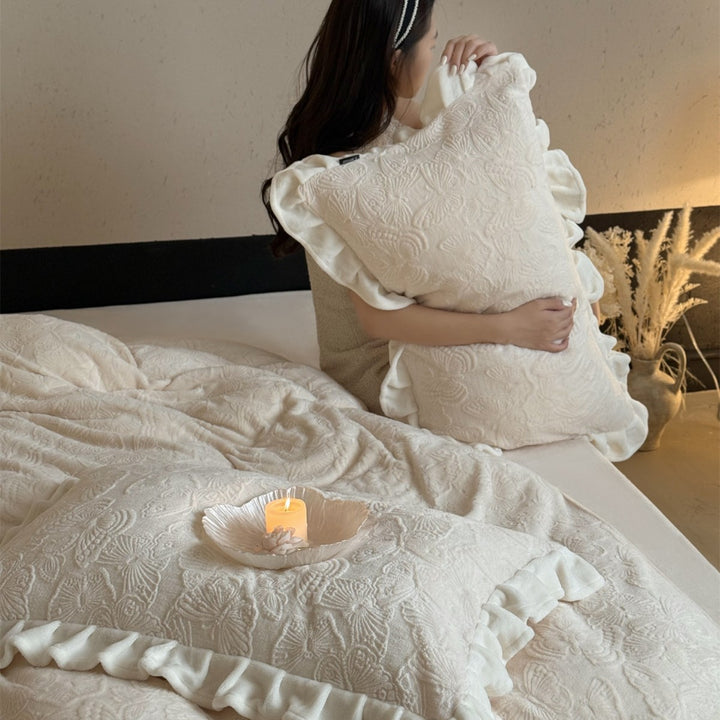 Plush Embossed Butterfly Jacquard Duvet Cover Set with Ruffled Pillow Shams