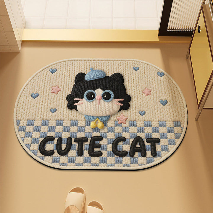 Cute Cartoon Cat-Themed Plush Bath Mat