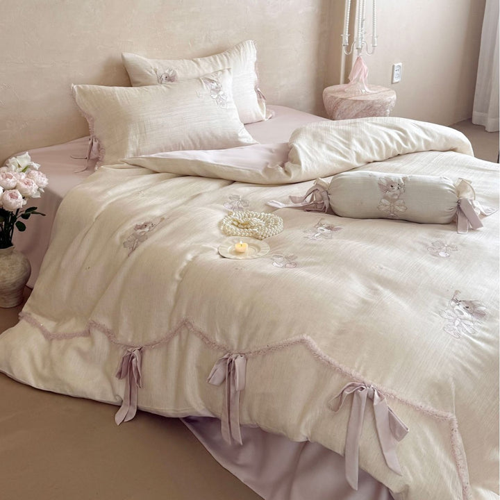 Ruffled Embroidered Bunny Cotton-Linen Duvet Cover Set with Tie Bow Shams & Bolster