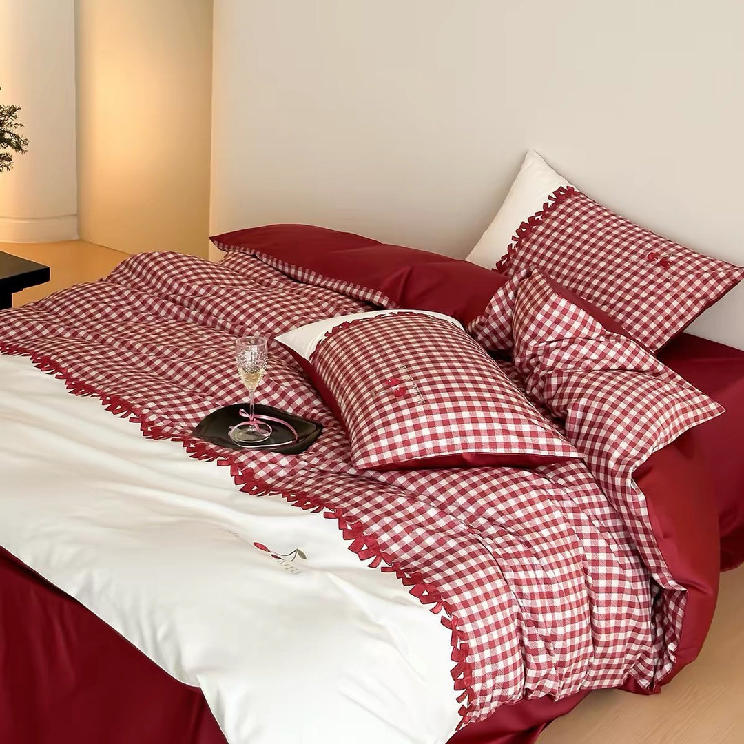 Gingham-Pattern Reversible Duvet Cover Set with Scalloped Ribbon Trim