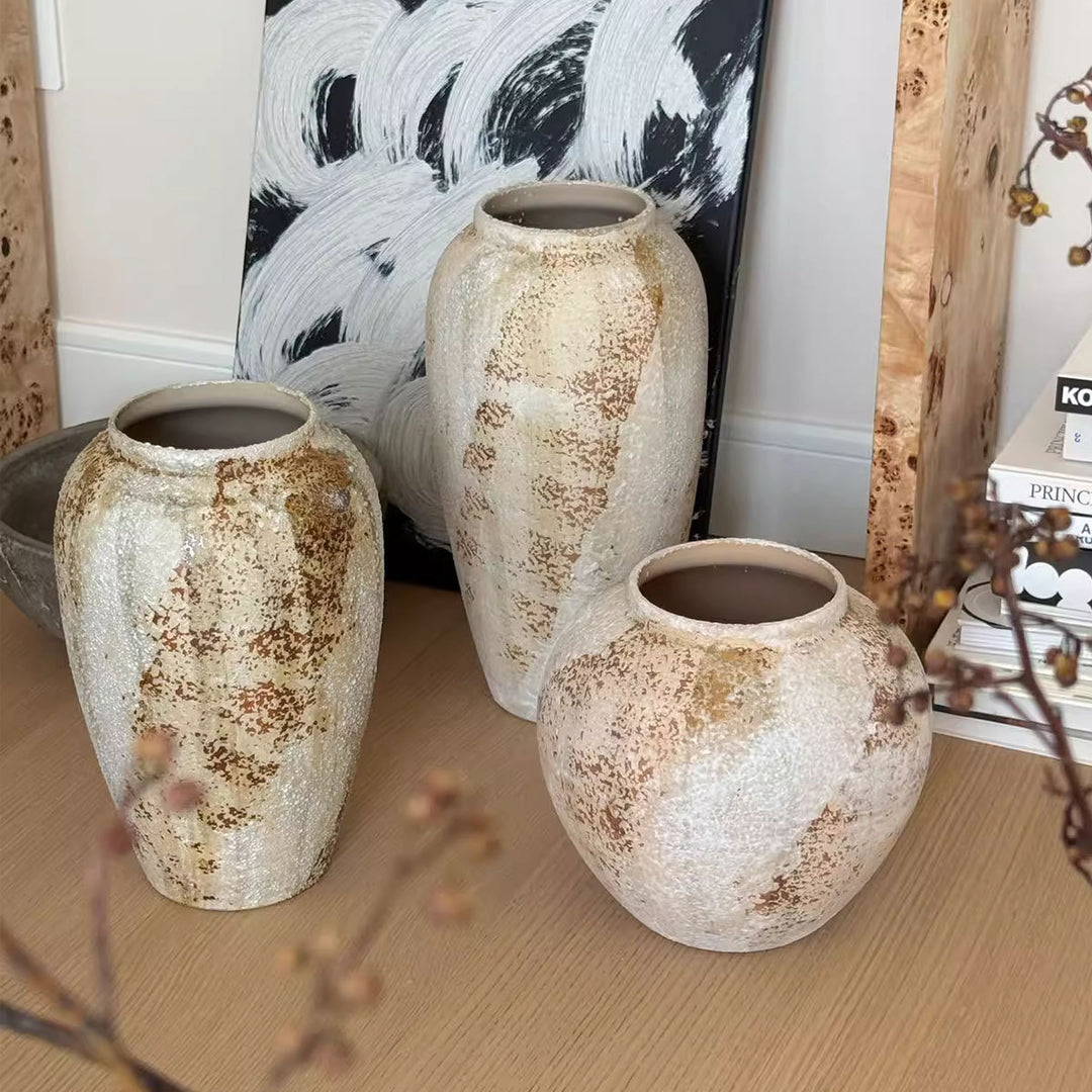 Rustic Textured Round Ceramic Bulb Vase with Narrow Opening