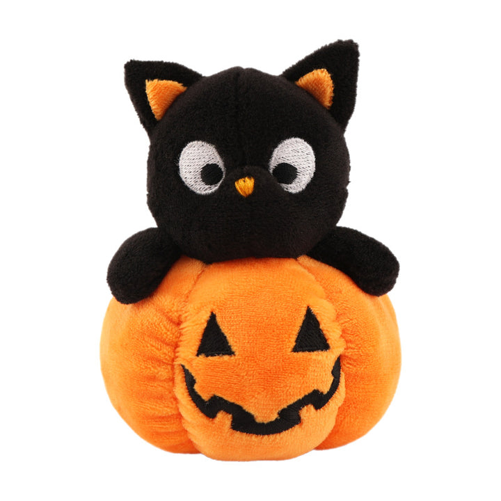 Plush figure cat on pumpkin with embroidered face