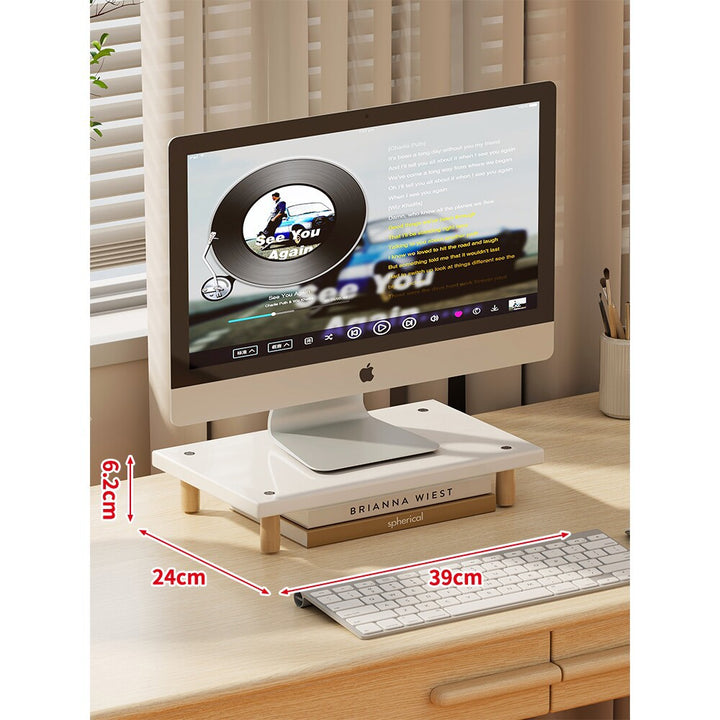 Compact Elevated Monitor Riser Stand with Wooden Legs and Under-Storage