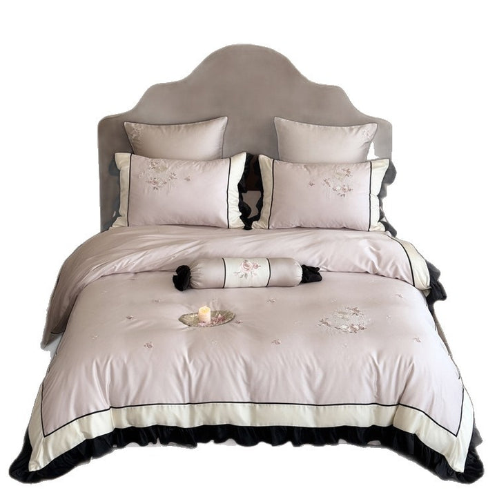 Embroidered Floral Ruffled Edge Duvet Cover and Pillow Sham Set