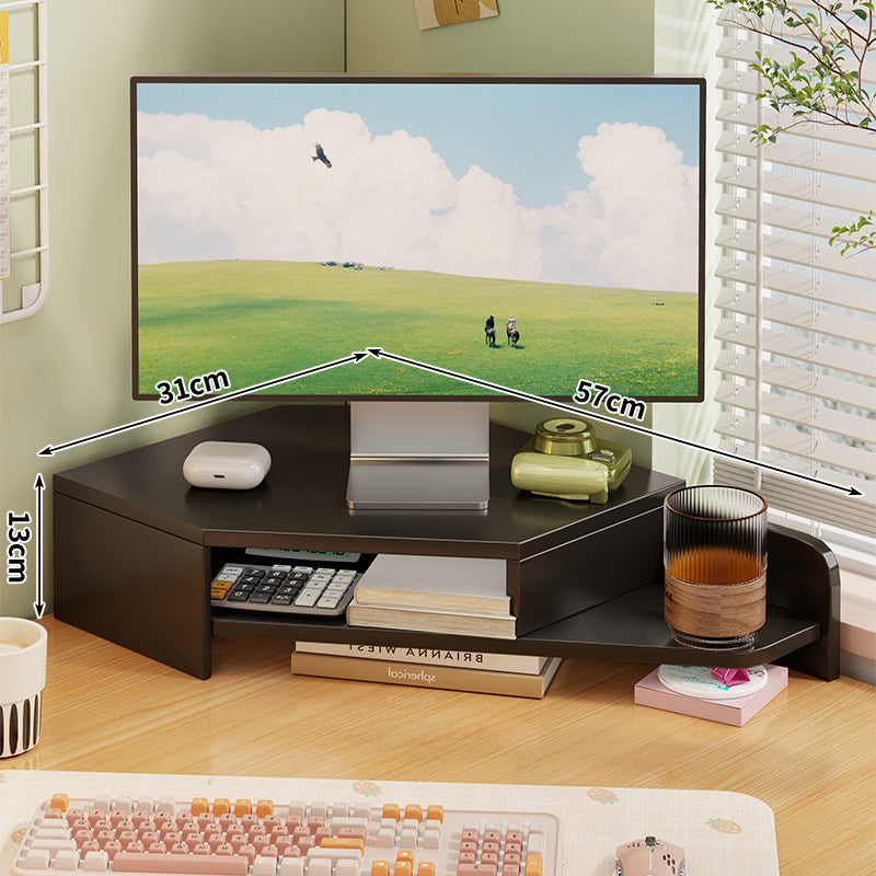 Corner Wooden Monitor Riser with Dual-Tier Storage Shelf