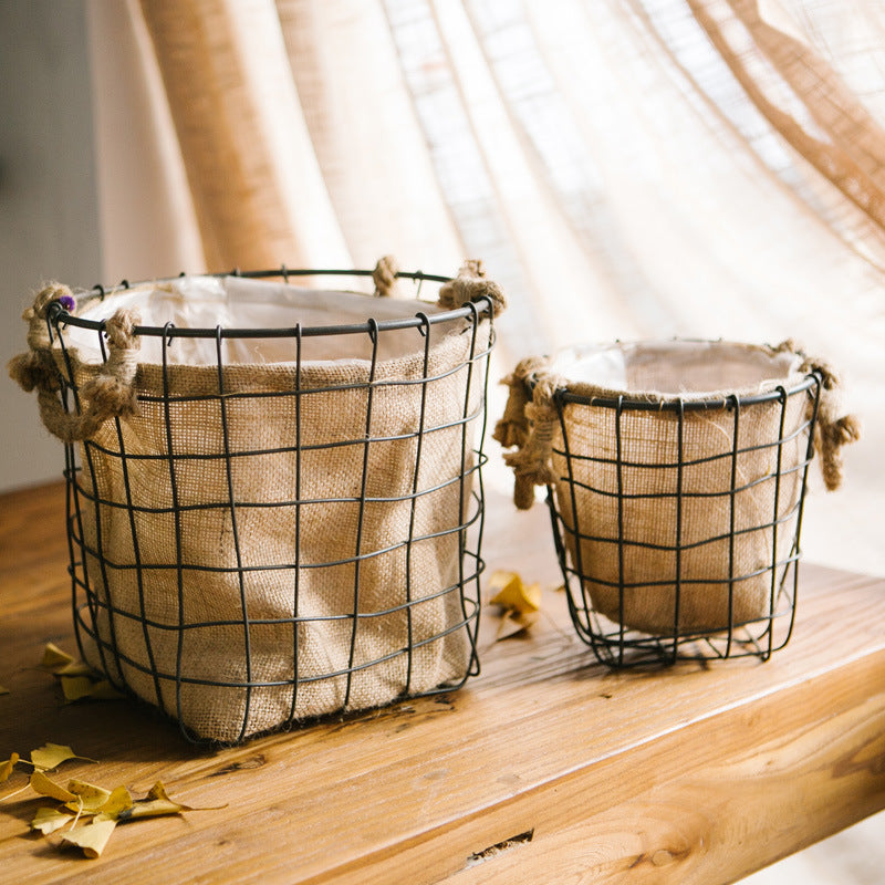 Decorative storage basket made of wire and linen Stornfield