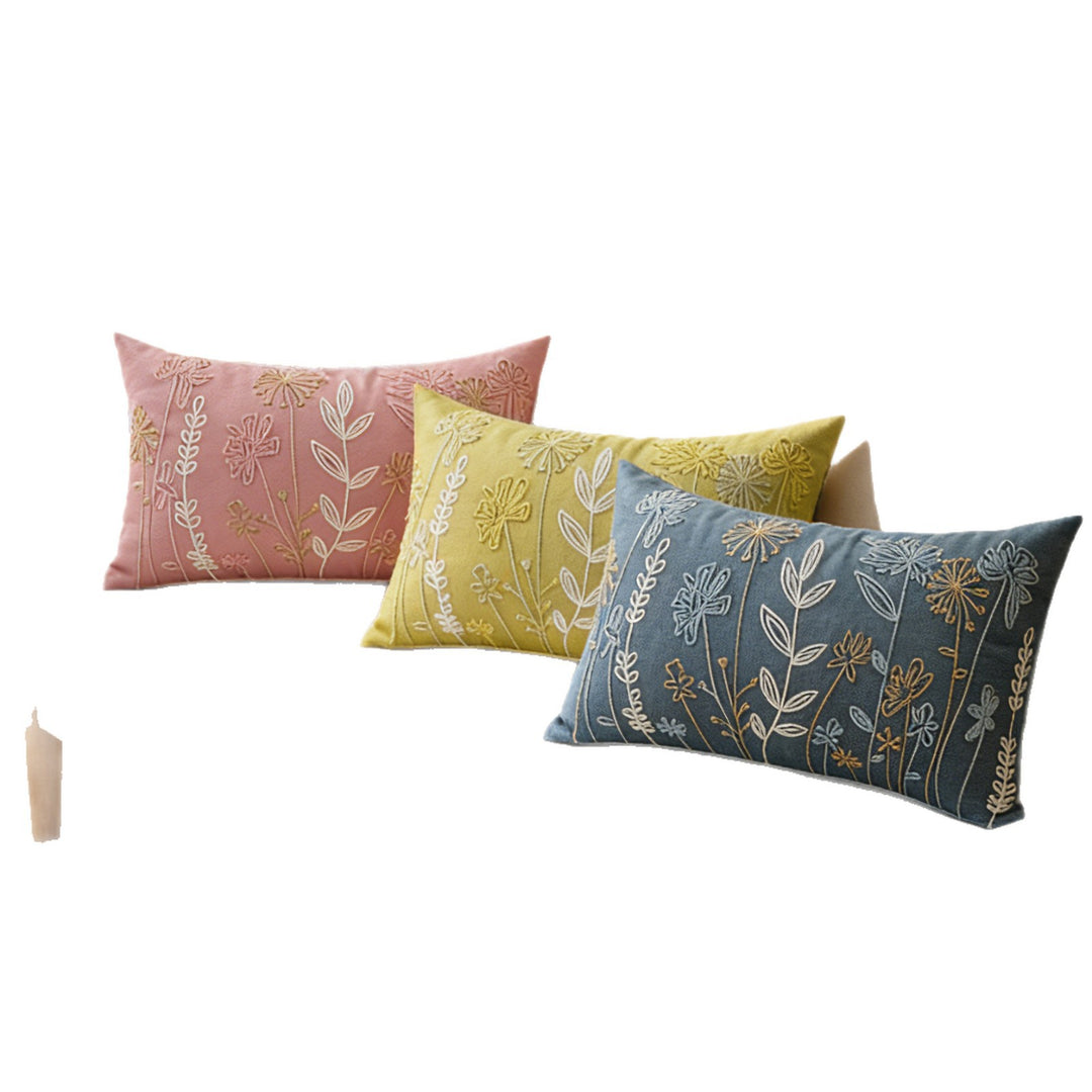 Embroidered Botanical Velvet Lumbar Accent Pillow Cover with Plush Insert