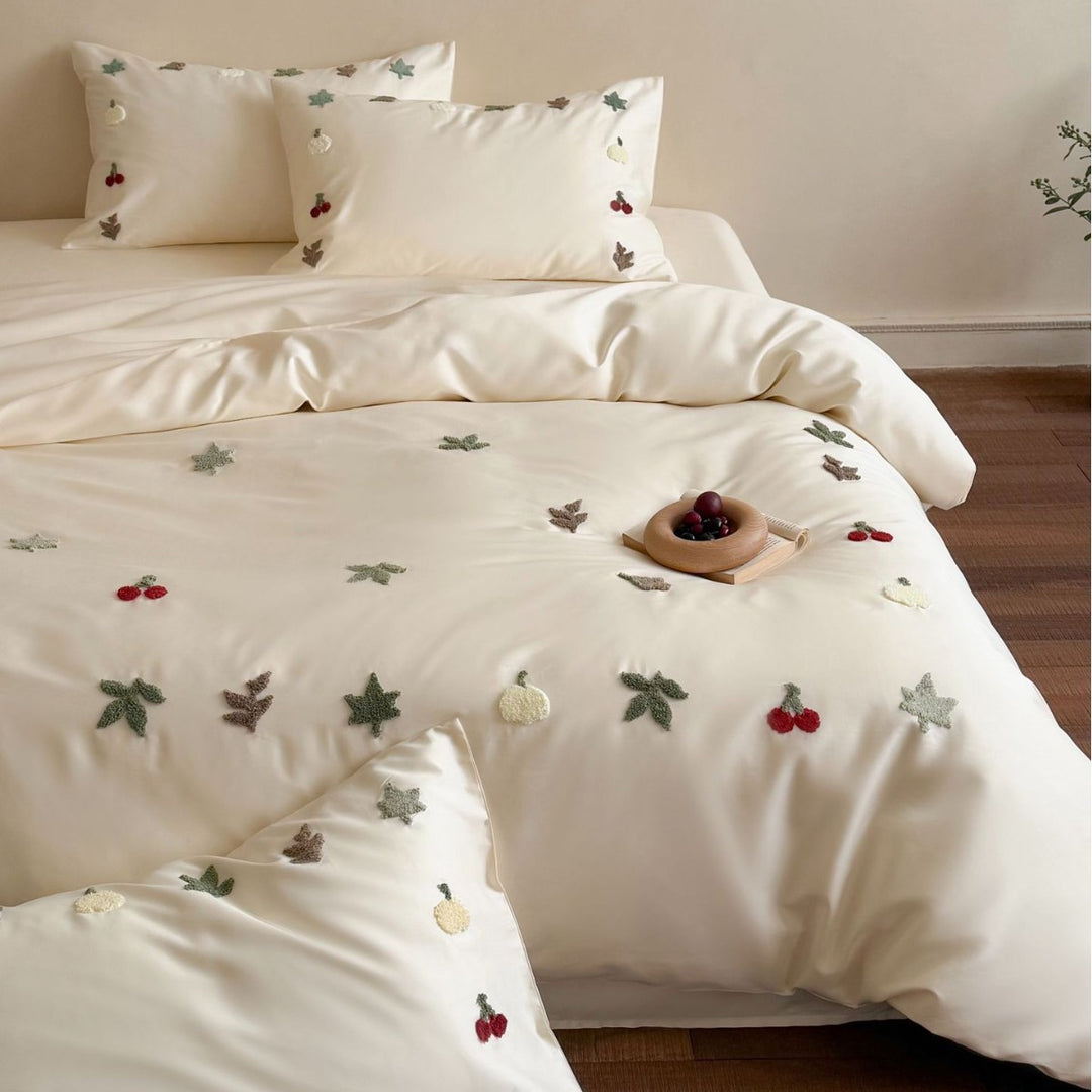Embroidered Cotton-Sateen Duvet Cover Set with 3D Fruit & Leaf Appliqué