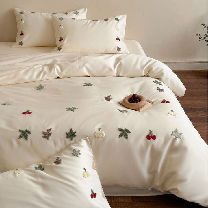 Embroidered Cotton-Sateen Duvet Cover Set with 3D Fruit & Leaf Appliqué