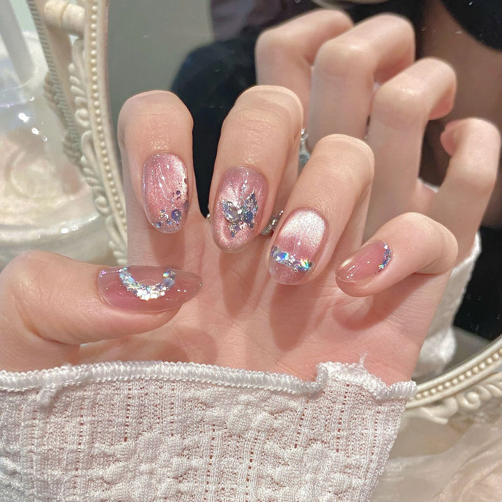 Decorative Press-On Nail Art Set with Butterfly and Gem Accents