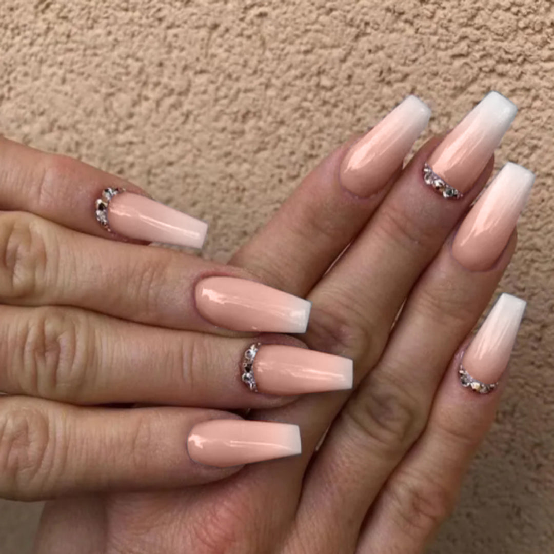 Artful Nail Extensions with Elegant Ombre Design and Rhinestone Accents Stornfield