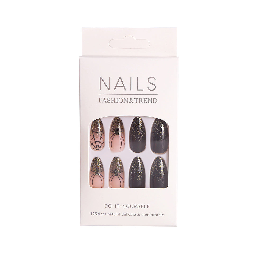 Artistic Press-On Nail Set with Glitter and Spider Web Design Stornfield