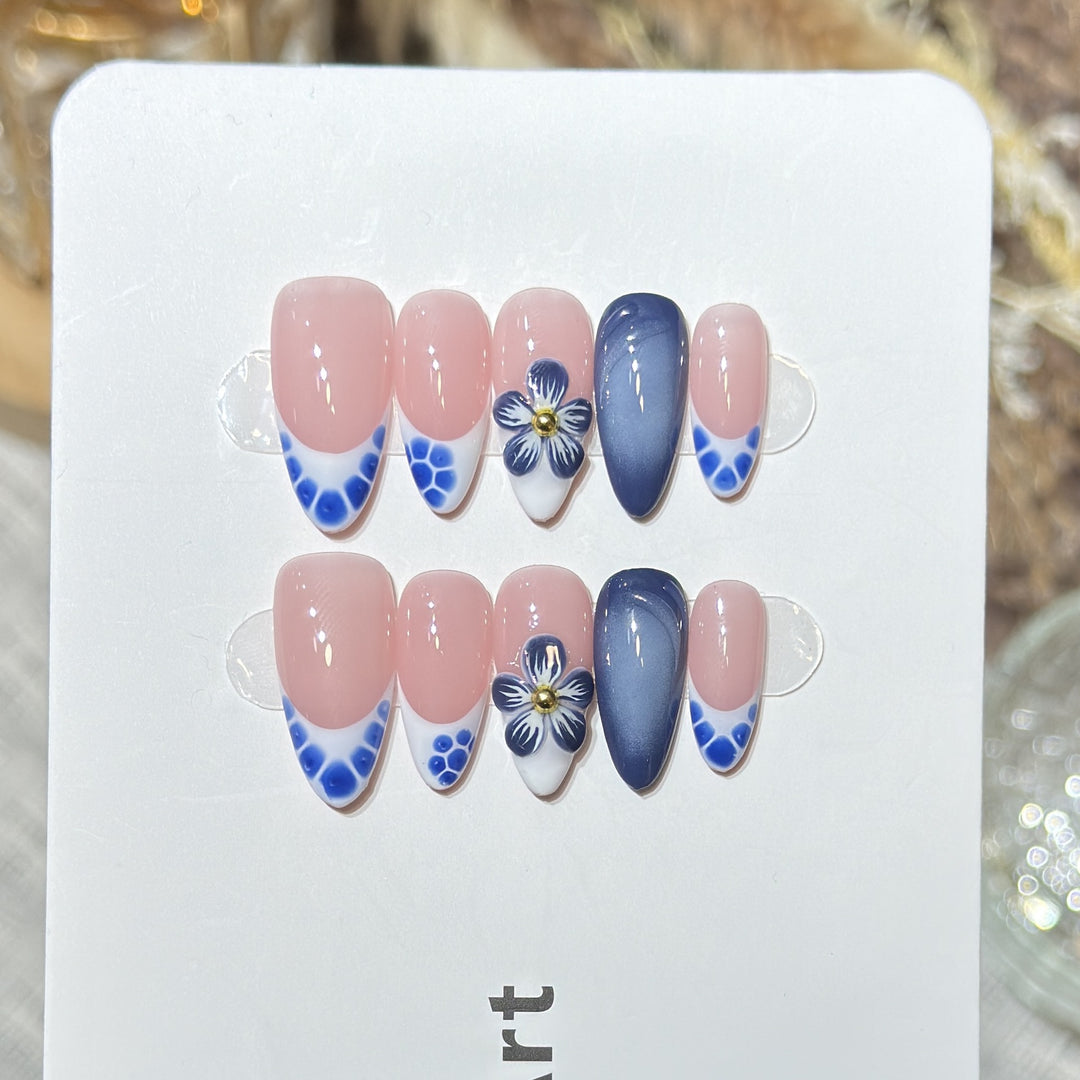 Artistic Press-On Nail Set with Floral and Geometric Accents Stornfield