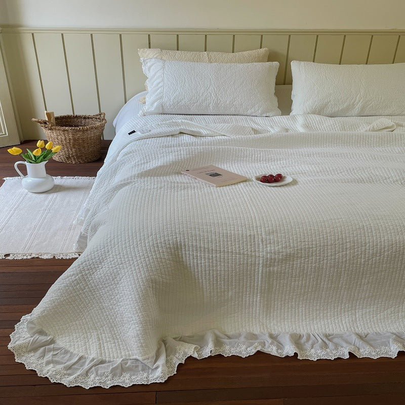 Quilted Washed Linen Bedspread Set with Frayed Lace Edge and Matching Pillow Shams