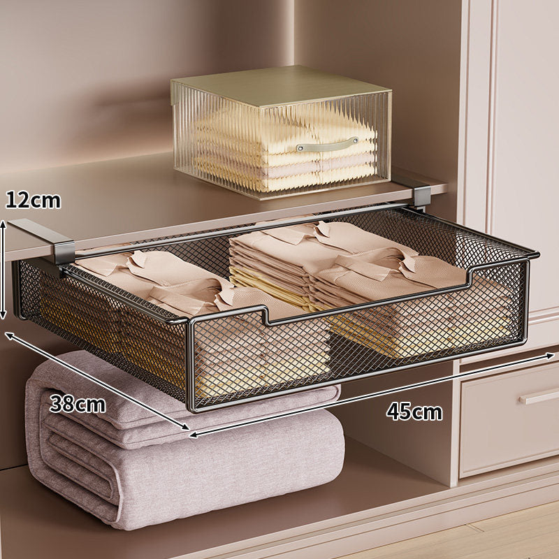 Under-Shelf Sliding Mesh Drawer Organizer with Clip-On Mount and Ventilated Metal Basket